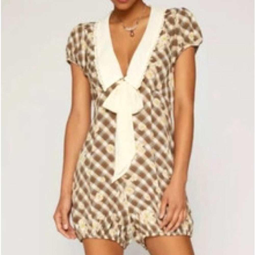 Anthropologie Cream and Brown Printed Romper